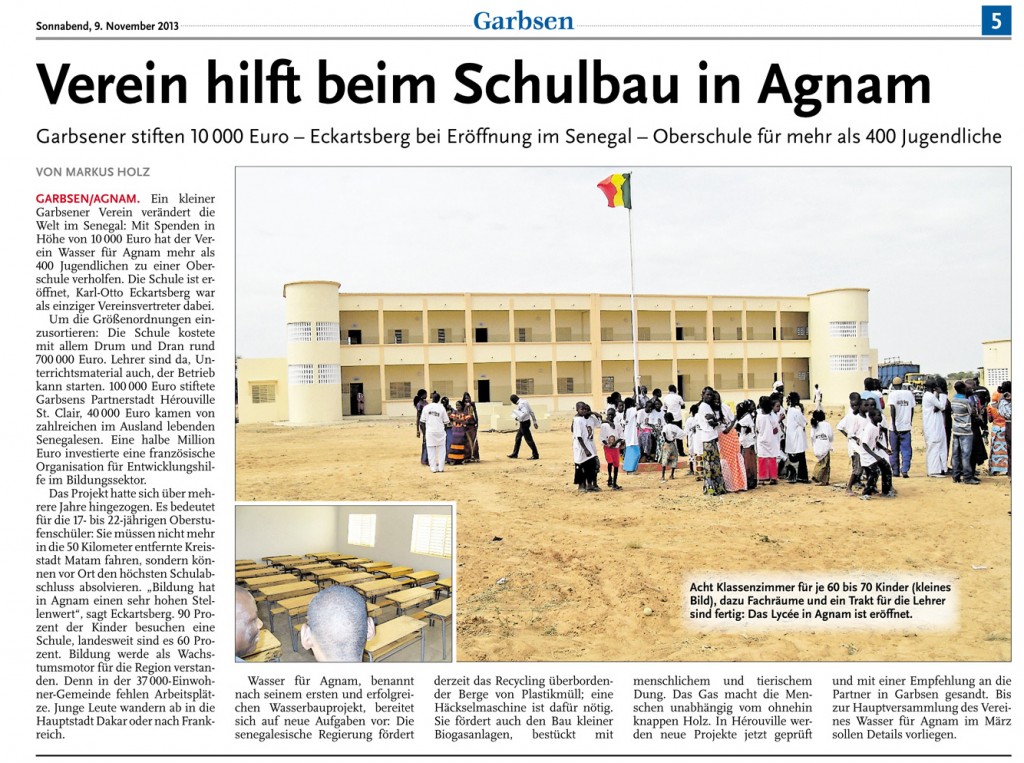 Bericht über die Eröffnung der Schule - Leine Zeitung 09.11.2013